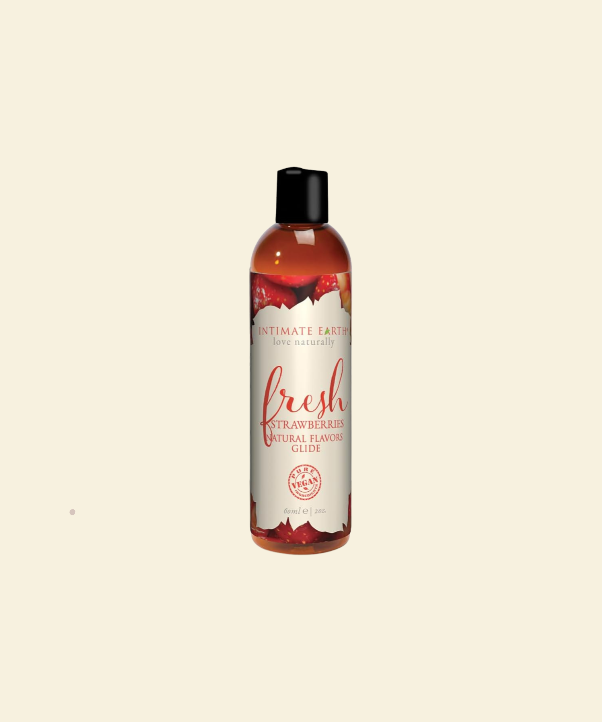 Bottle of intimate lubricant with strawberry flavor on a beige background