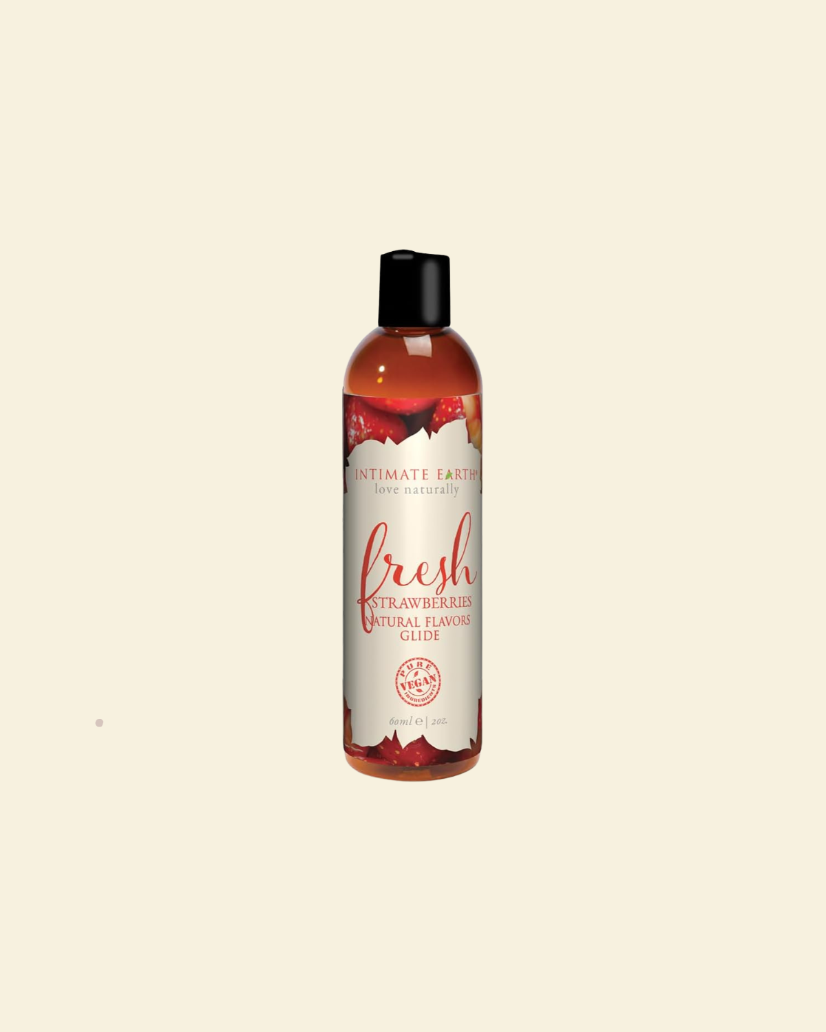 Bottle of intimate lubricant with strawberry flavor on a beige background