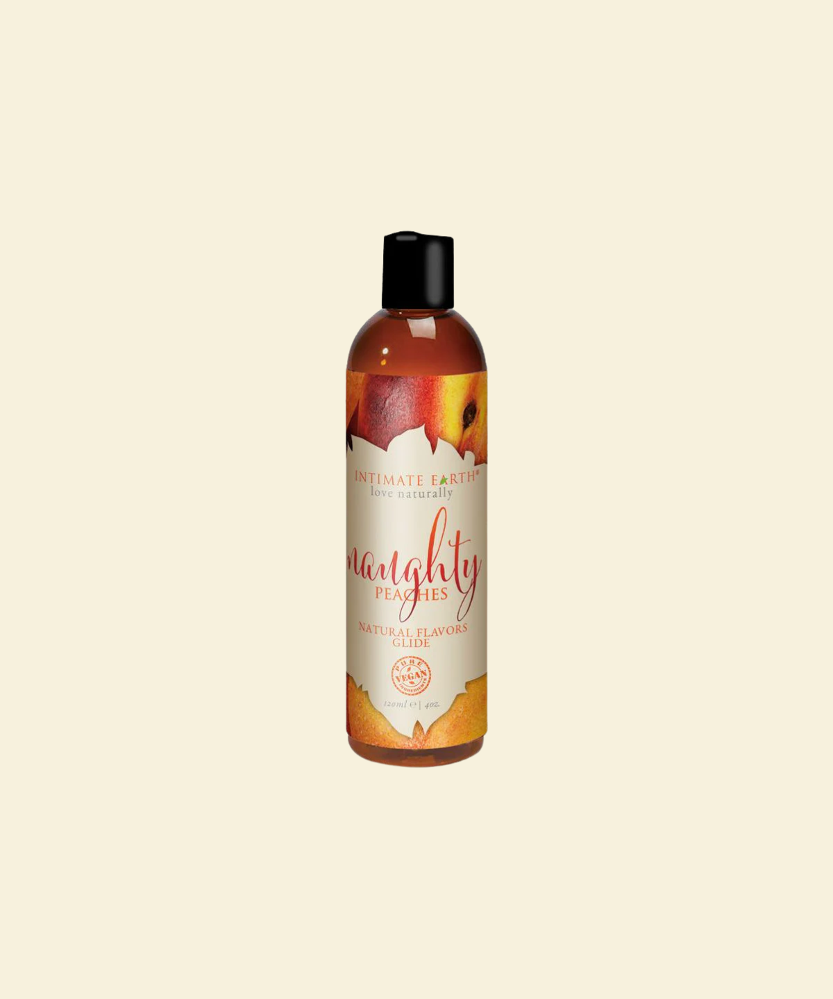 Bottle of Intimate Earth Naughty peaches peach flavoured lubricant