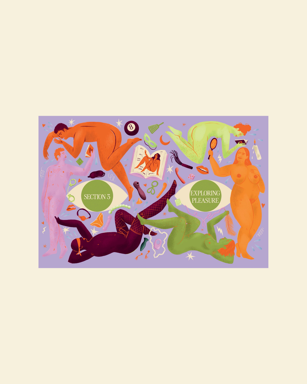 Illustration of people in various poses with text on a purple background