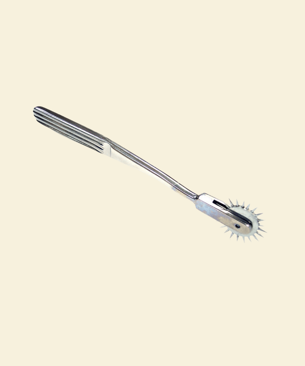 A stainless steel pin wheel with a sleek handle and 22 points, designed for tactile exploration.