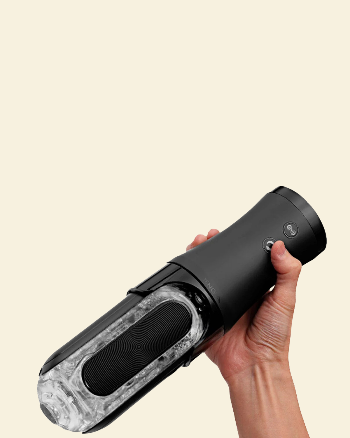 Hand holding black Tenga Flip 0 stroker