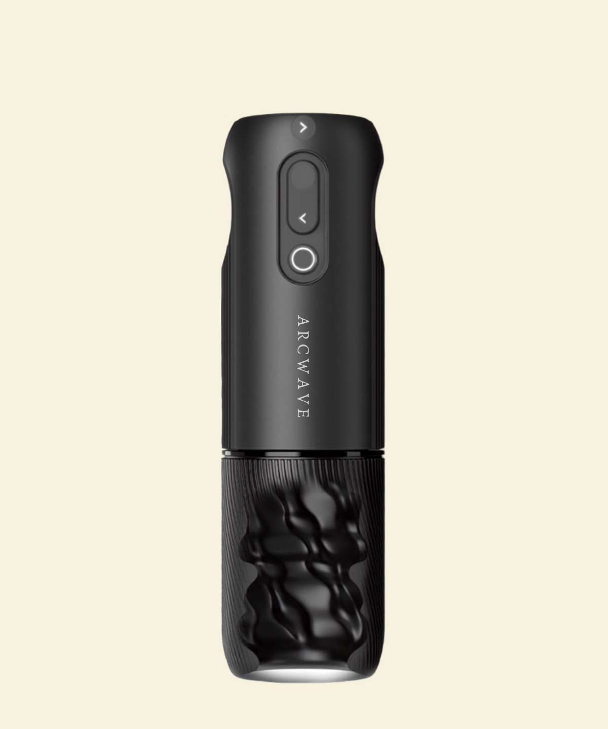 A sleek matte black rotating masturbator showing what the inside of the sleeve looks like. 