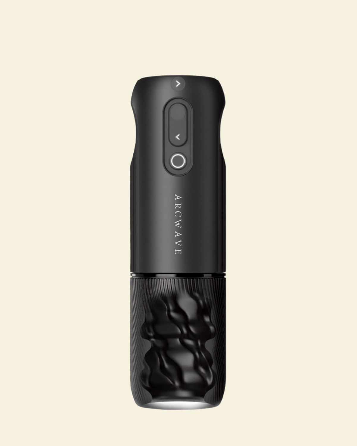 A sleek matte black rotating masturbator showing what the inside of the sleeve looks like. 