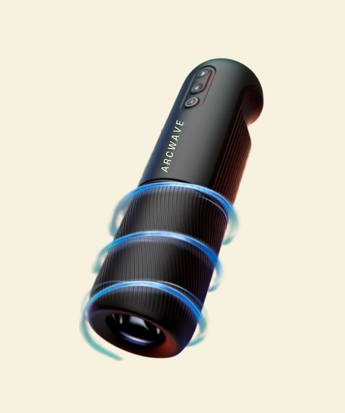 A black Arcwave rotating stroker with blue glowing ring accents, shown floating against a light cream background.
