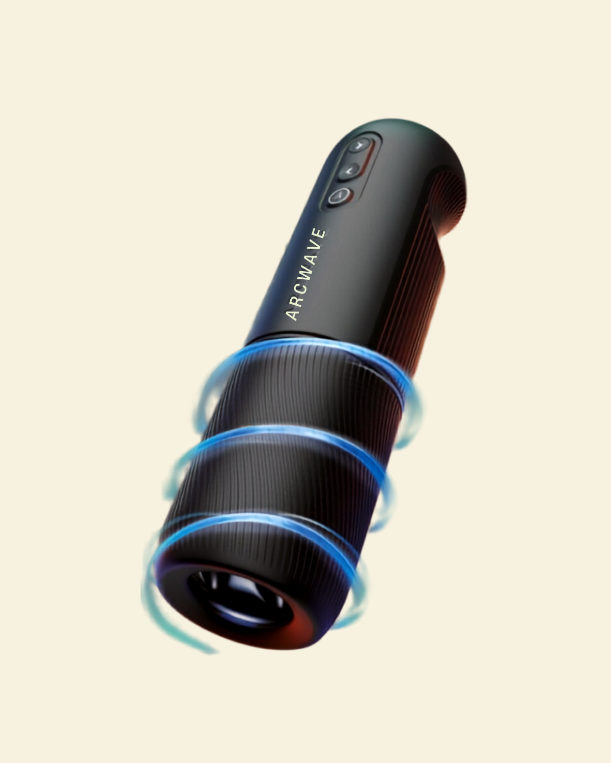 A black Arcwave rotating stroker with blue glowing ring accents, shown floating against a light cream background.