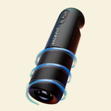 A black Arcwave rotating stroker with blue glowing ring accents, shown floating against a light cream background.
