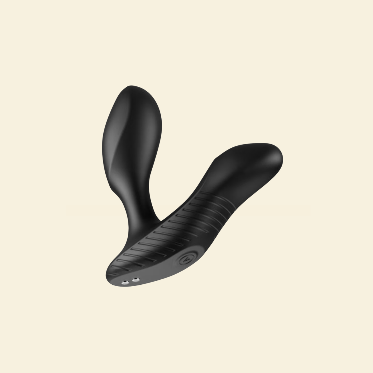 A black curved personal massager with a ribbed textured grip and smooth matte finish, shown floating against a solid pale cream background.