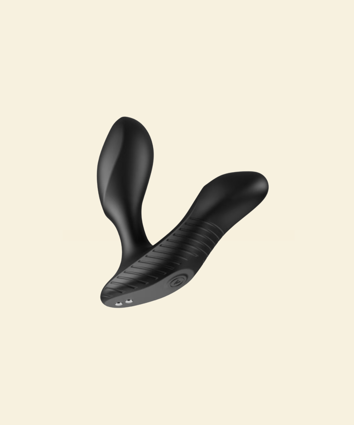 A black curved personal massager with a ribbed textured grip and smooth matte finish, shown floating against a solid pale cream background.