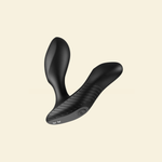 A black curved personal massager with a ribbed textured grip and smooth matte finish, shown floating against a solid pale cream background.