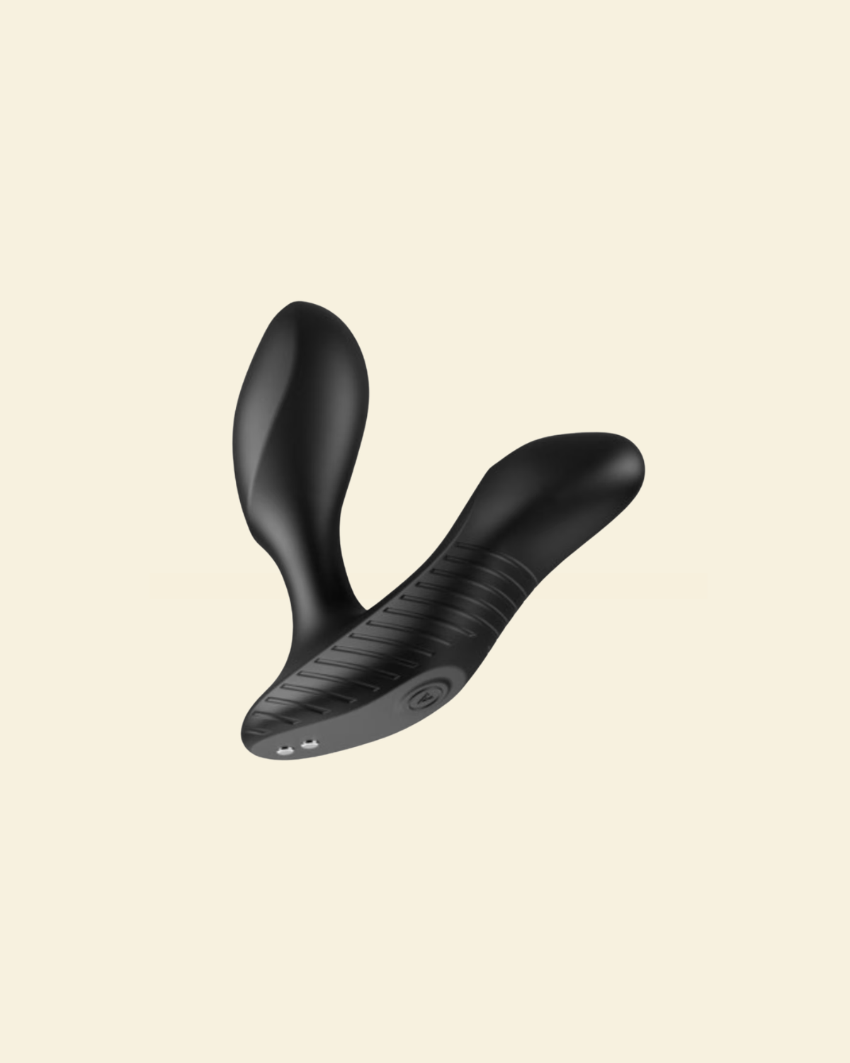A black curved personal massager with a ribbed textured grip and smooth matte finish, shown floating against a solid pale cream background.