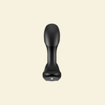 A matte black personal massager with a curved, ergonomic head and a wider base, shown from a side view against a solid cream-colored background.