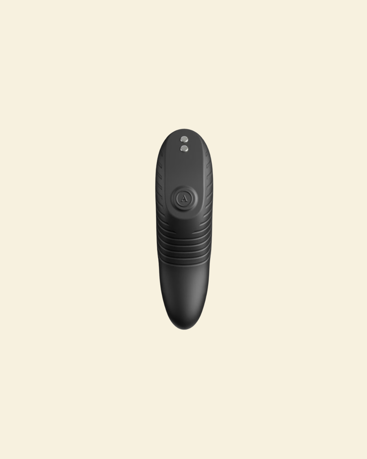 A black personal massager shown from the front against a solid cream-colored background.