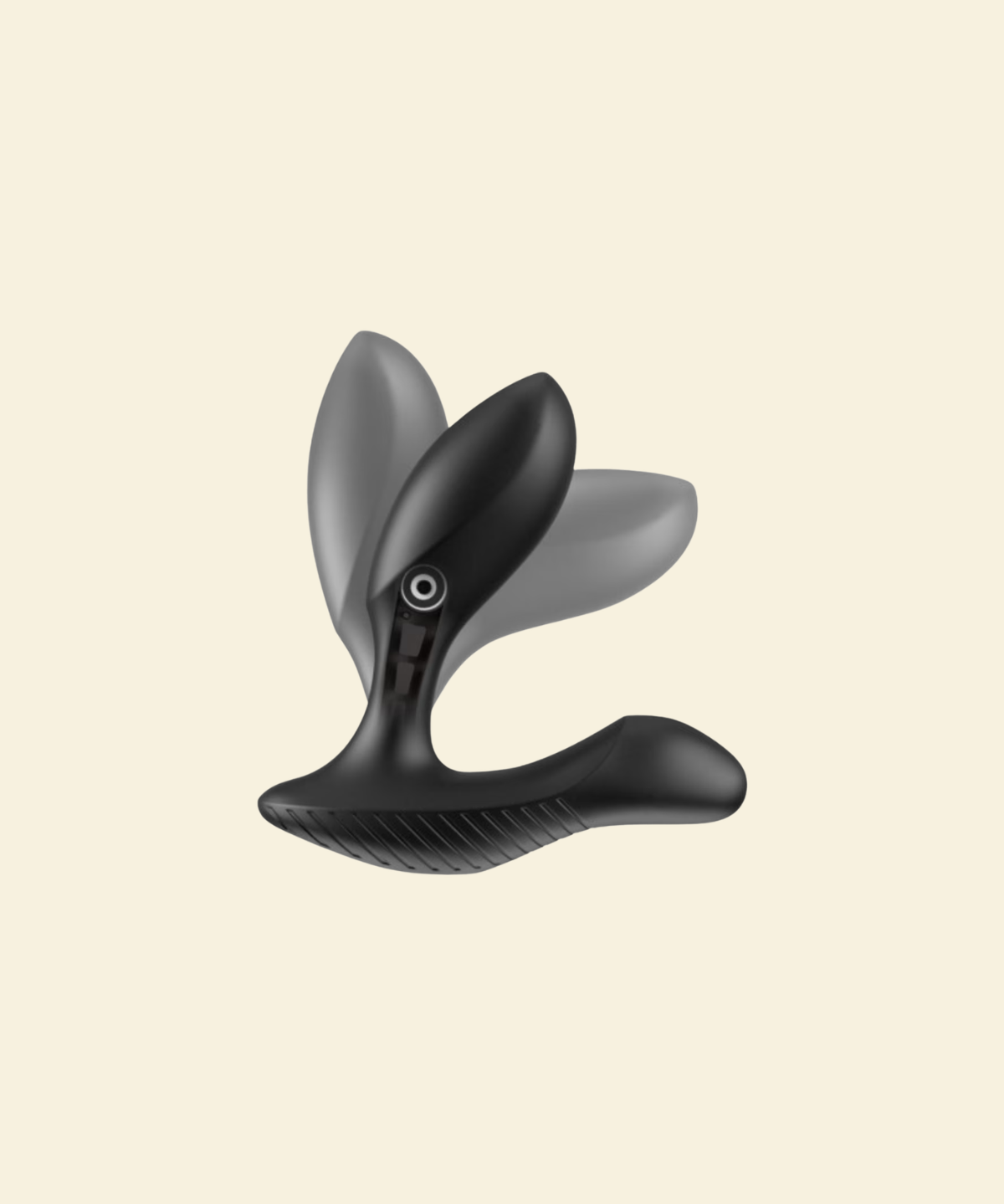 A black and gray dual-stimulation personal massager with a curved, ergonomic design, shown against a solid cream-colored background.