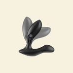 A black and gray dual-stimulation personal massager with a curved, ergonomic design, shown against a solid cream-colored background.