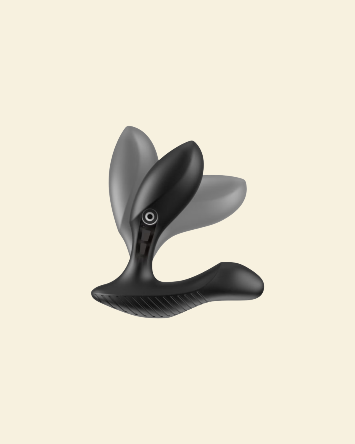 A black and gray dual-stimulation personal massager with a curved, ergonomic design, shown against a solid cream-colored background.