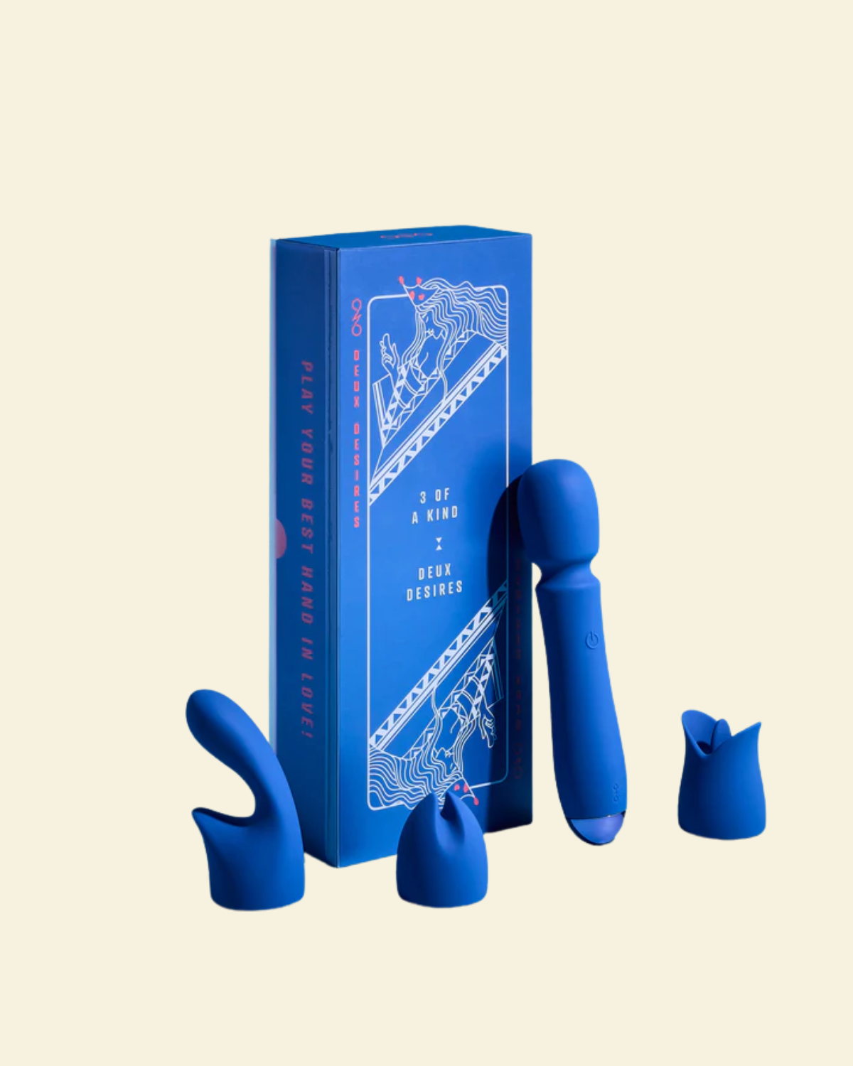 Blue silicone wand vibrator with packaging on a beige background