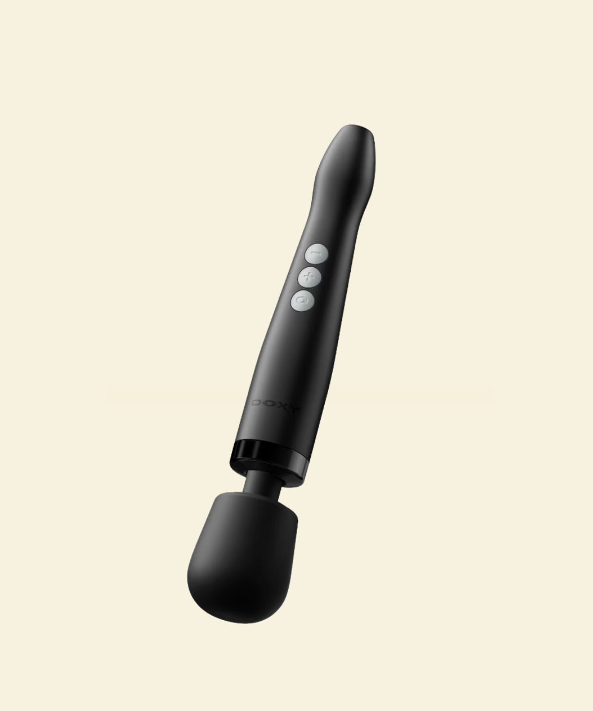 A black wand massager with a flexible silicone bulb attachment, featuring three white control buttons on the handle, shown against a solid pale cream background.