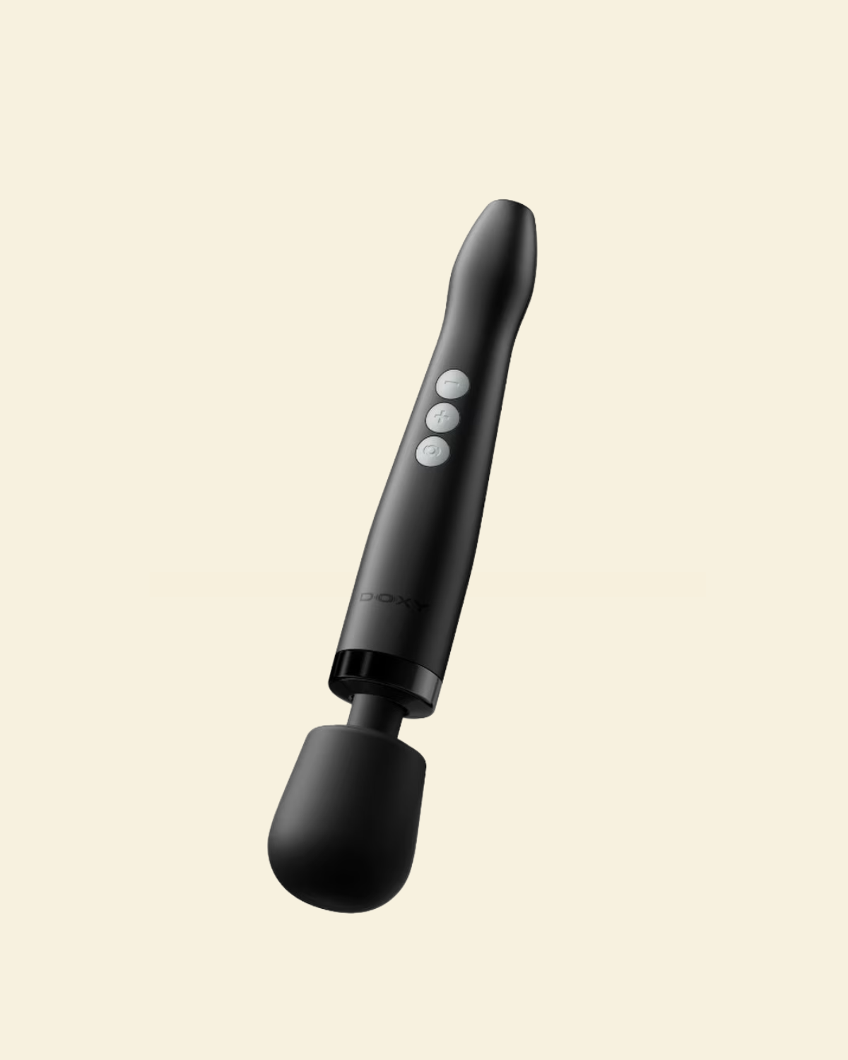 A black wand massager with a flexible silicone bulb attachment, featuring three white control buttons on the handle, shown against a solid pale cream background.