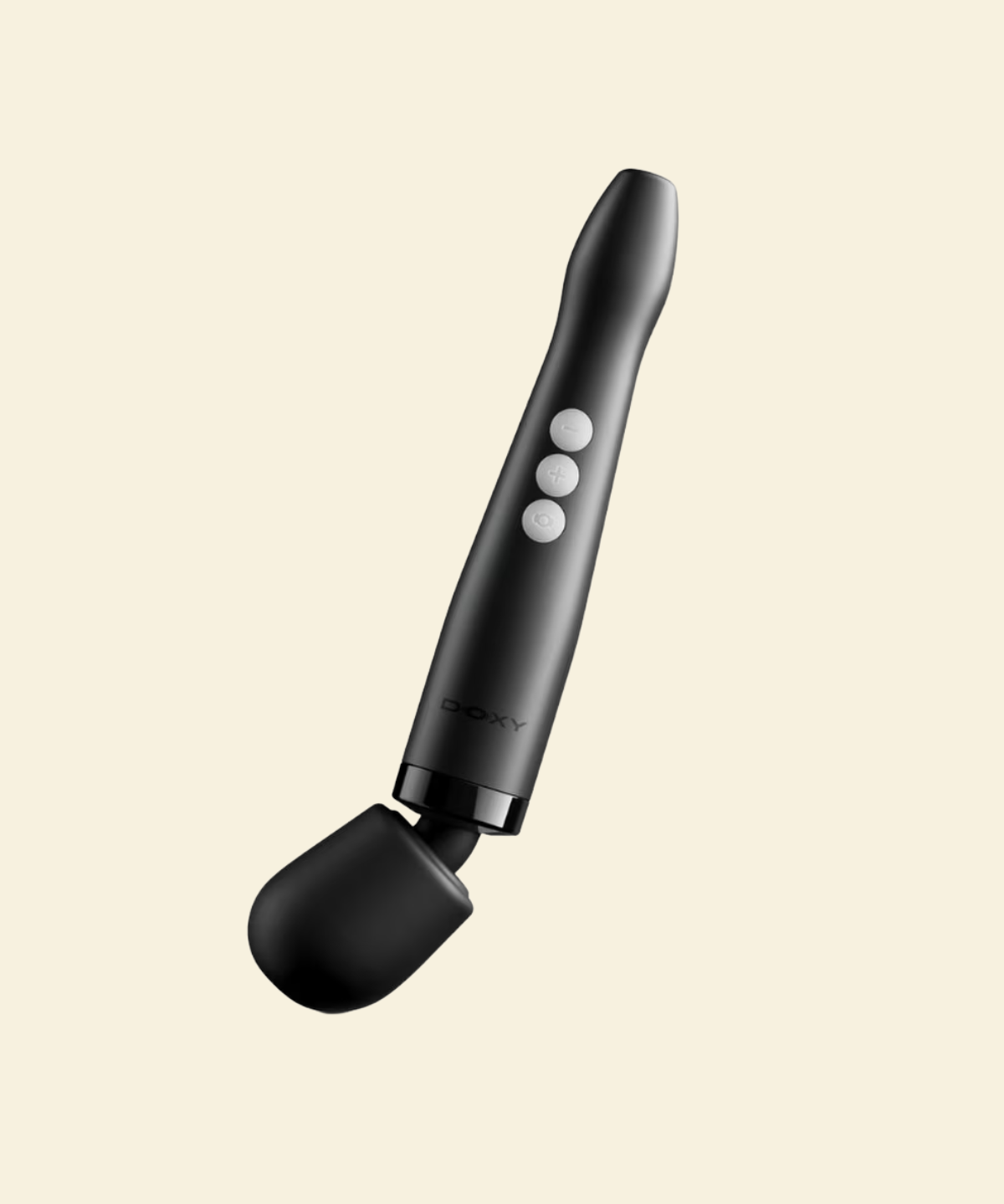 A black Doxy wand massager with three white buttons and a flexible black silicone attachment, shown against a solid pale cream background.