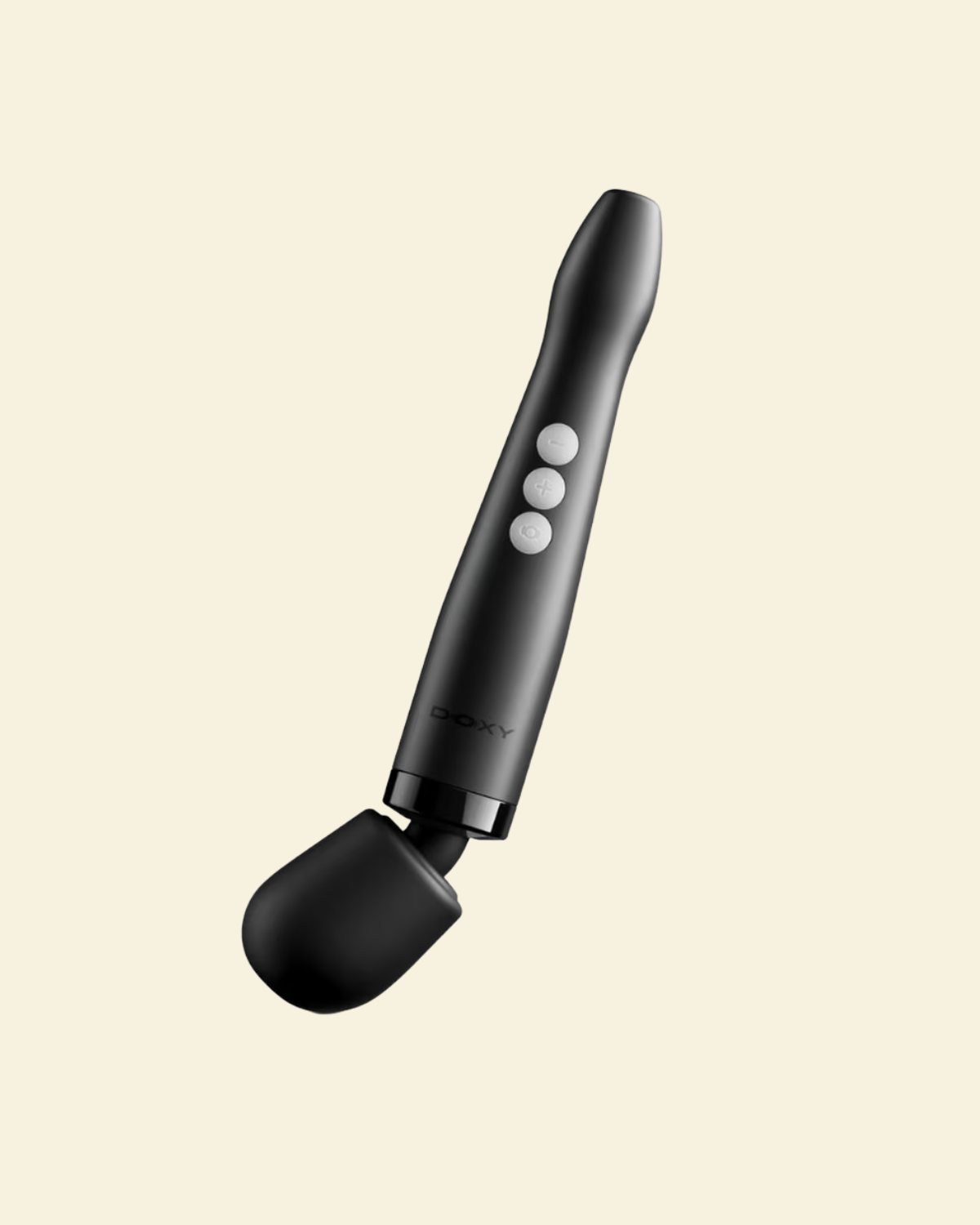 A black Doxy wand massager with three white buttons and a flexible black silicone attachment, shown against a solid pale cream background.