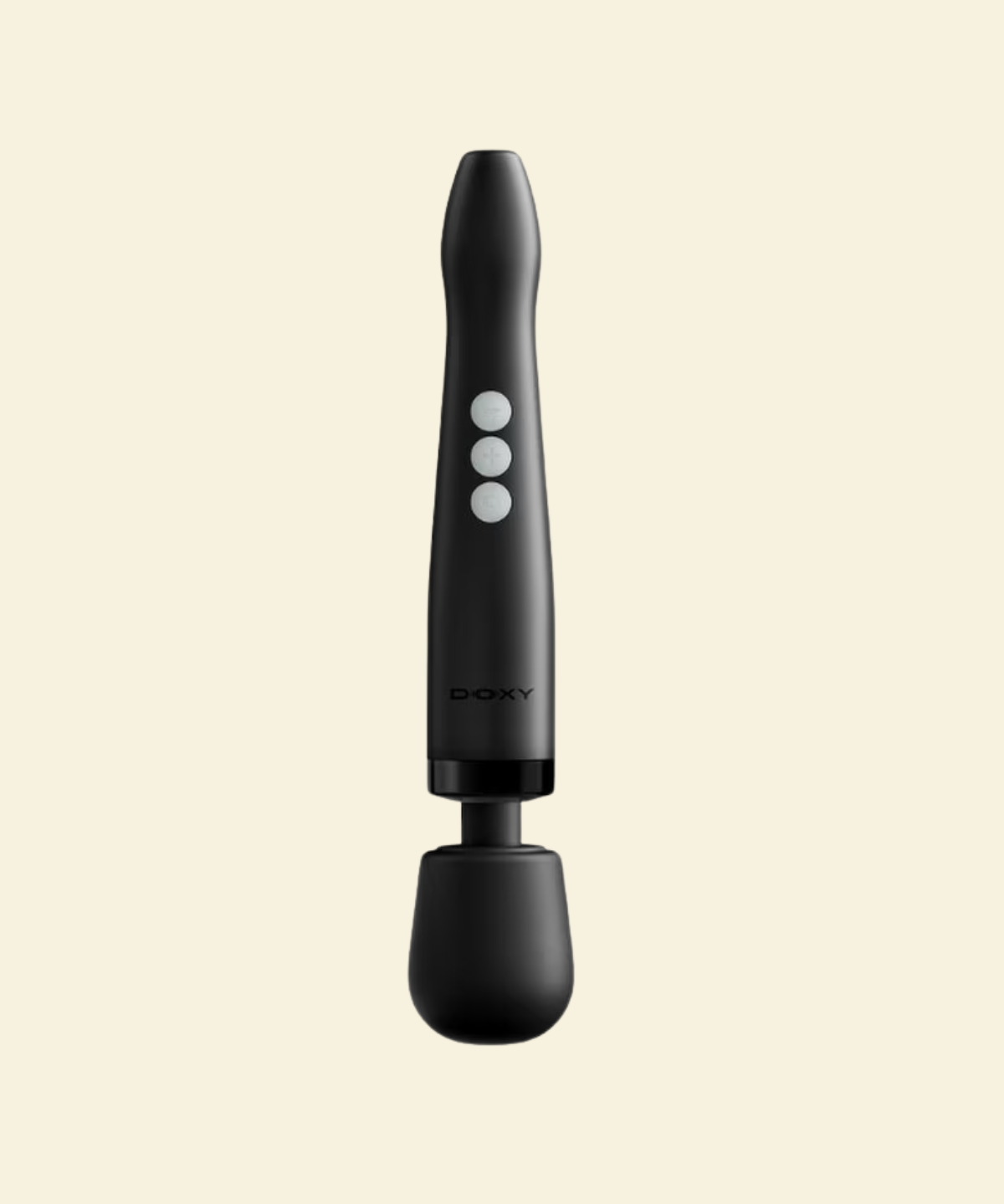 Doxy black wand massager on a beige background. 