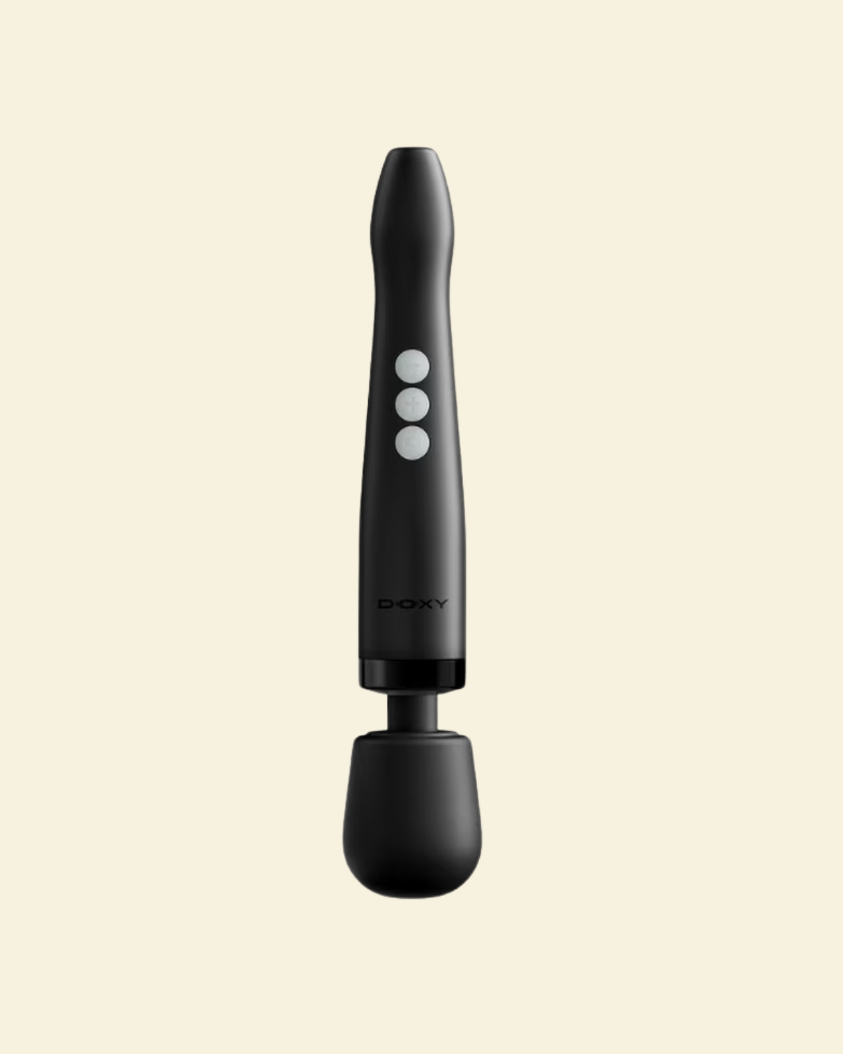 Doxy black wand massager on a beige background. 