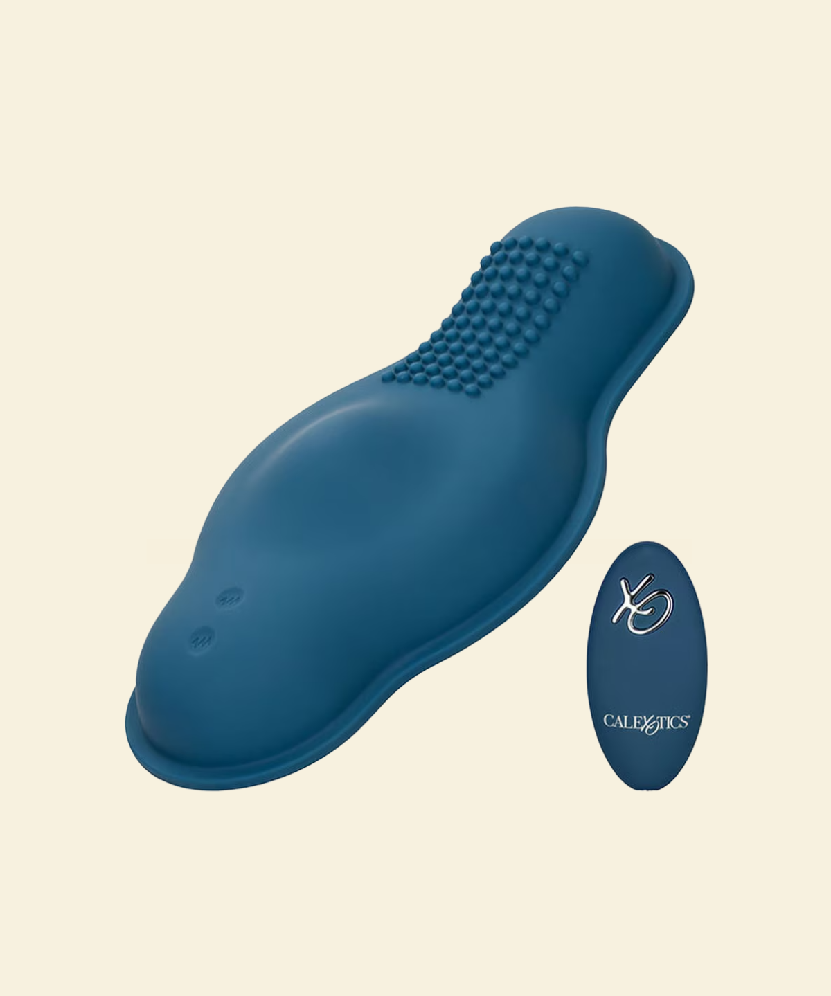 Blue grinding vibrator with a remote on beige background