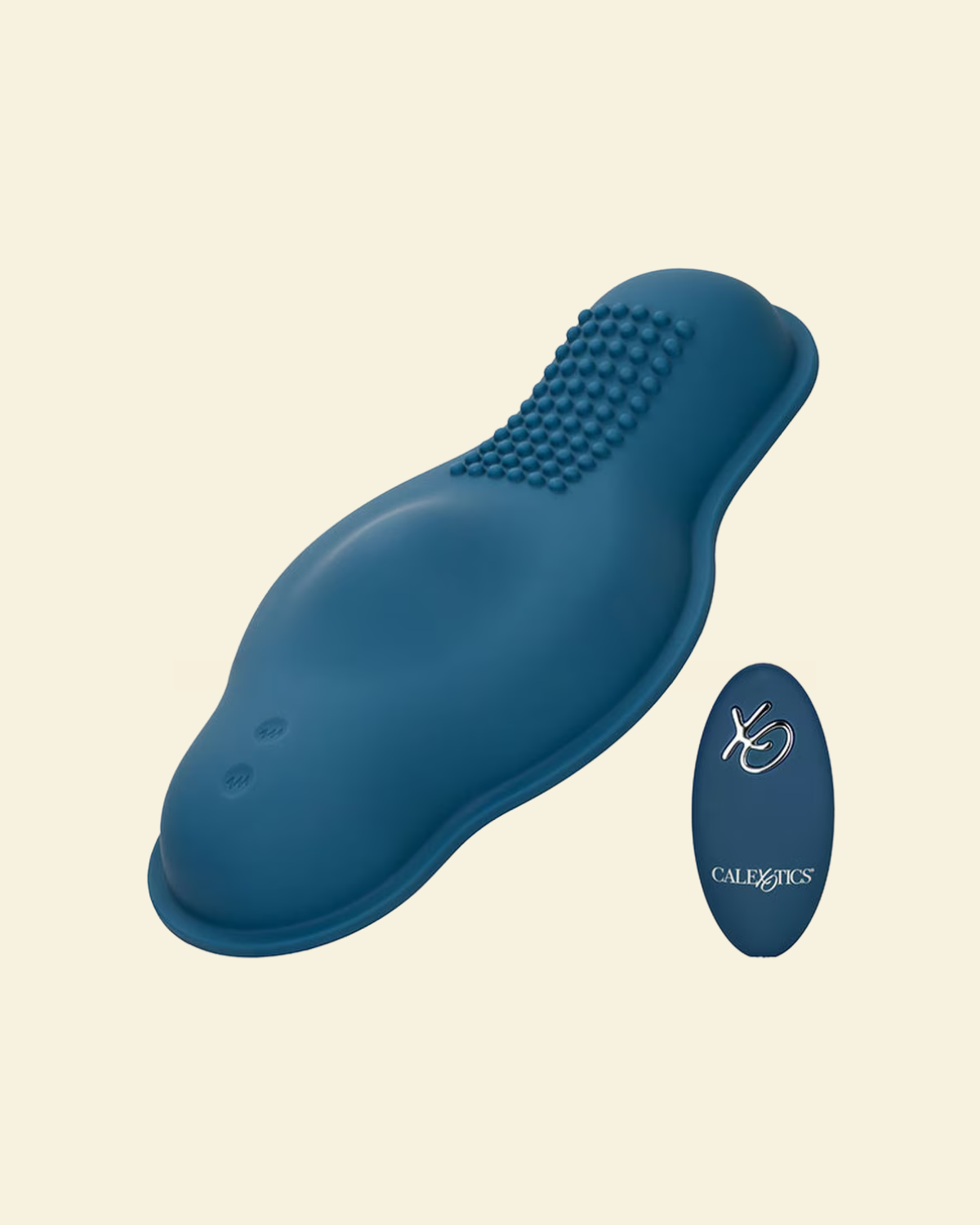 Blue grinding vibrator with a remote on beige background