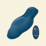 Blue grinding vibrator with a remote on beige background