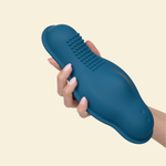 Hand holding a blue silicone vibrator 