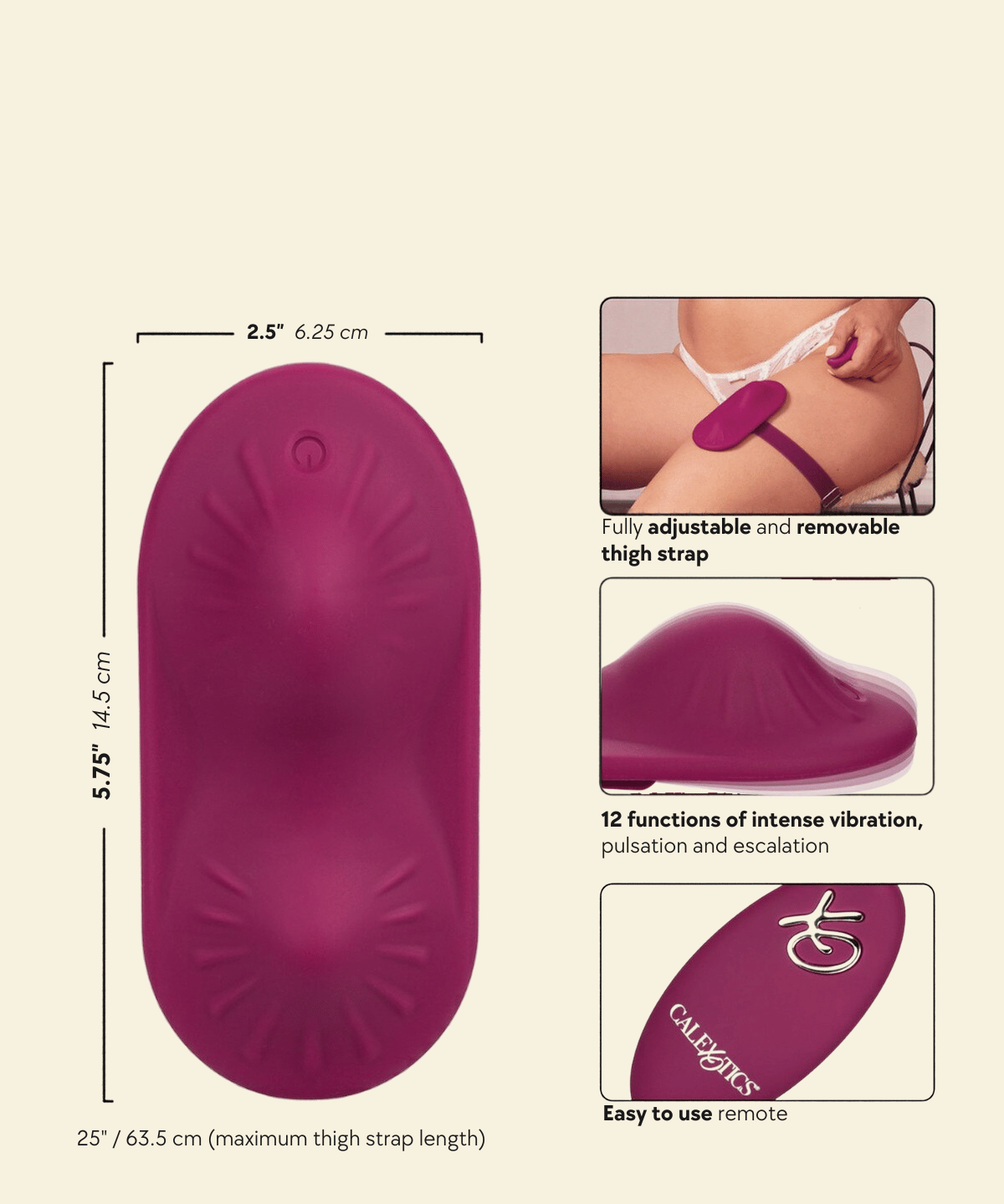 A product infographic for a magenta thigh strap vibrator on a light beige background. The main panel shows the product with dimensions labeled. 