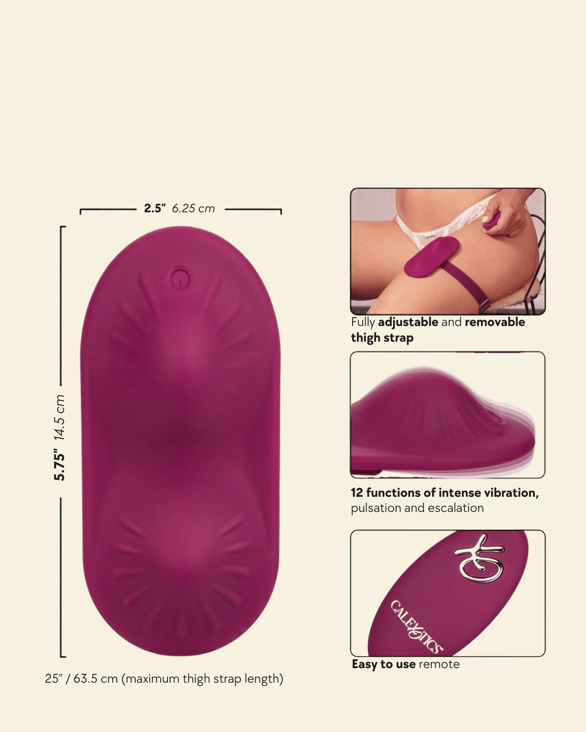 A product infographic for a magenta thigh strap vibrator on a light beige background. The main panel shows the product with dimensions labeled. 