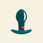 Teal silicone butt plug with 'Fun Factory' logo on a beige background