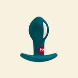 Teal silicone butt plug with 'Fun Factory' logo on a beige background