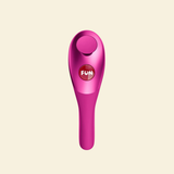 Pink handheld device with 'FUN' logo on a beige background