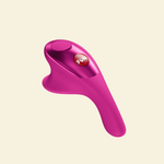 Pink handheld device with a red 'Fun' button on a beige background