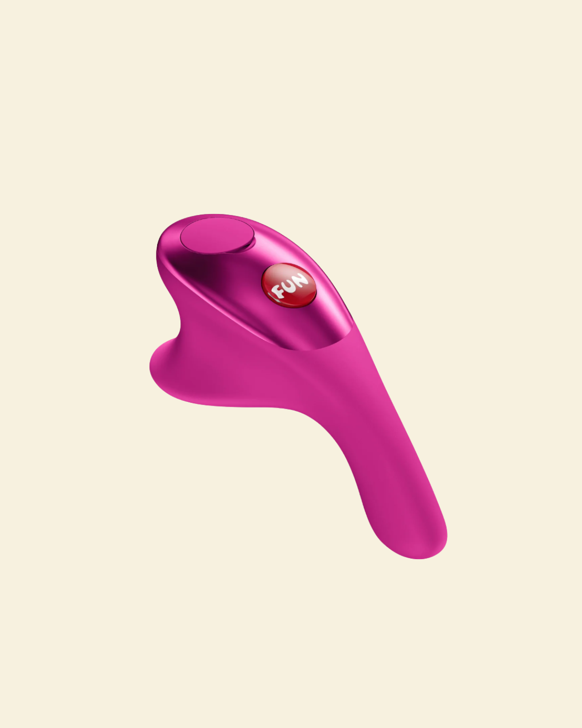 Pink handheld device with a red 'Fun' button on a beige background