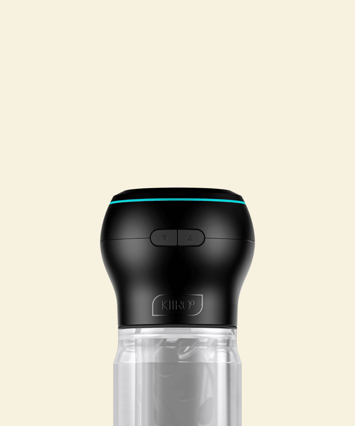 The top of a black and clear suction and stroking masturbator