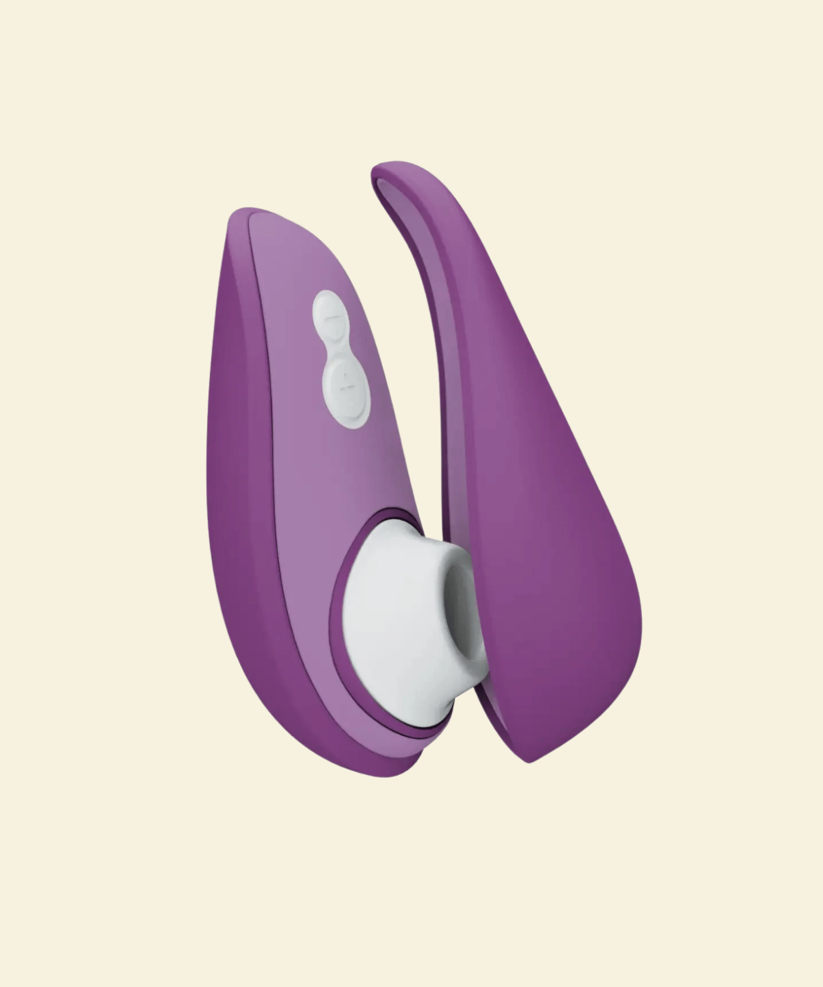 Purple Womanizer Air suction toy on beige background with it's travel case