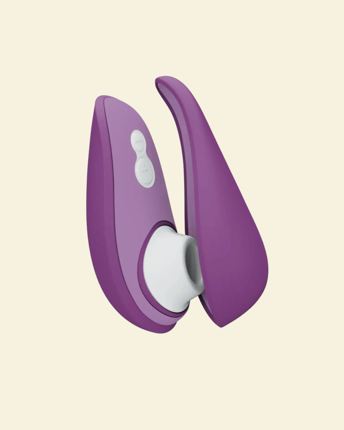 Purple Womanizer Air suction toy on beige background with it's travel case