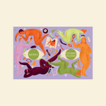 Illustration of people in various poses with text on a purple background