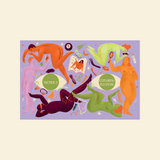 Illustration of people in various poses with text on a purple background