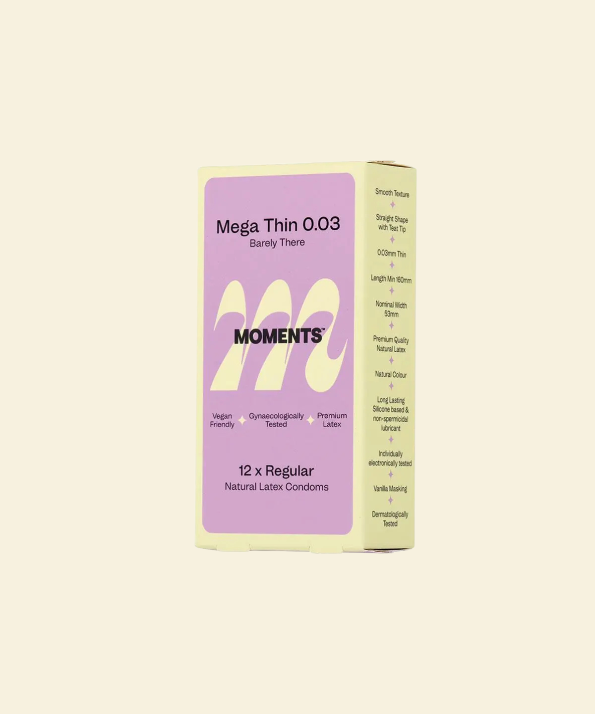 Box of Moments Mega Thin 0.03 condoms on a light beige background