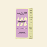 Box of Moments Mega Thin 0.03 condoms on a light beige background