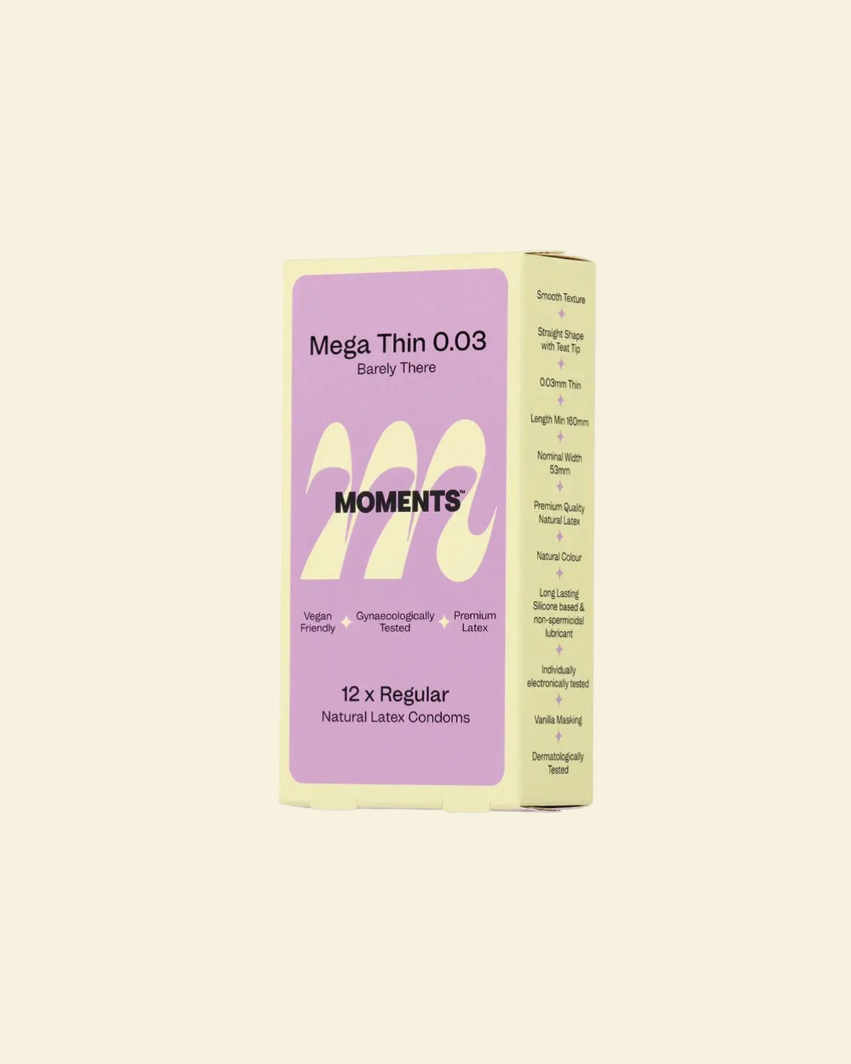 Box of Moments Mega Thin 0.03 condoms on a light beige background