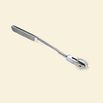 A stainless steel pin wheel with a sleek handle and 22 points, designed for tactile exploration.