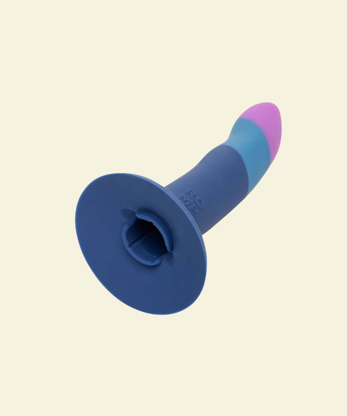 Blue and purple silicone dildo on a beige background