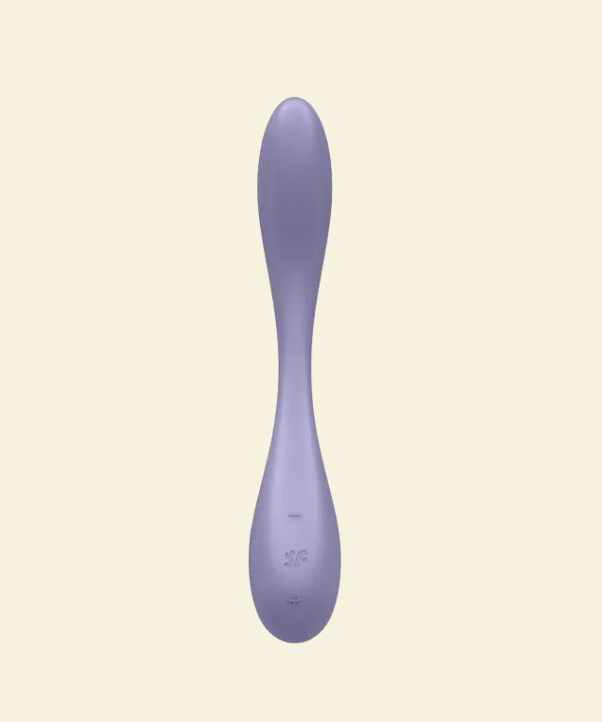 A single lavender-purple personal massager with a sleek, curved ergonomic design, shown vertically against a solid pale cream background.