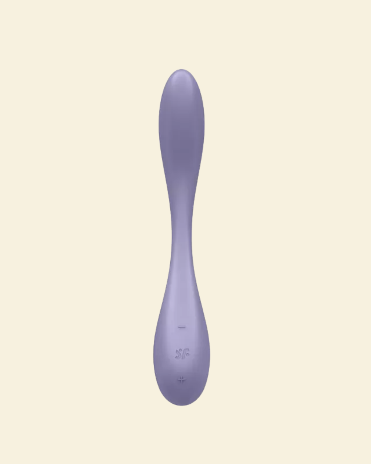 A single lavender-purple personal massager with a sleek, curved ergonomic design, shown vertically against a solid pale cream background.